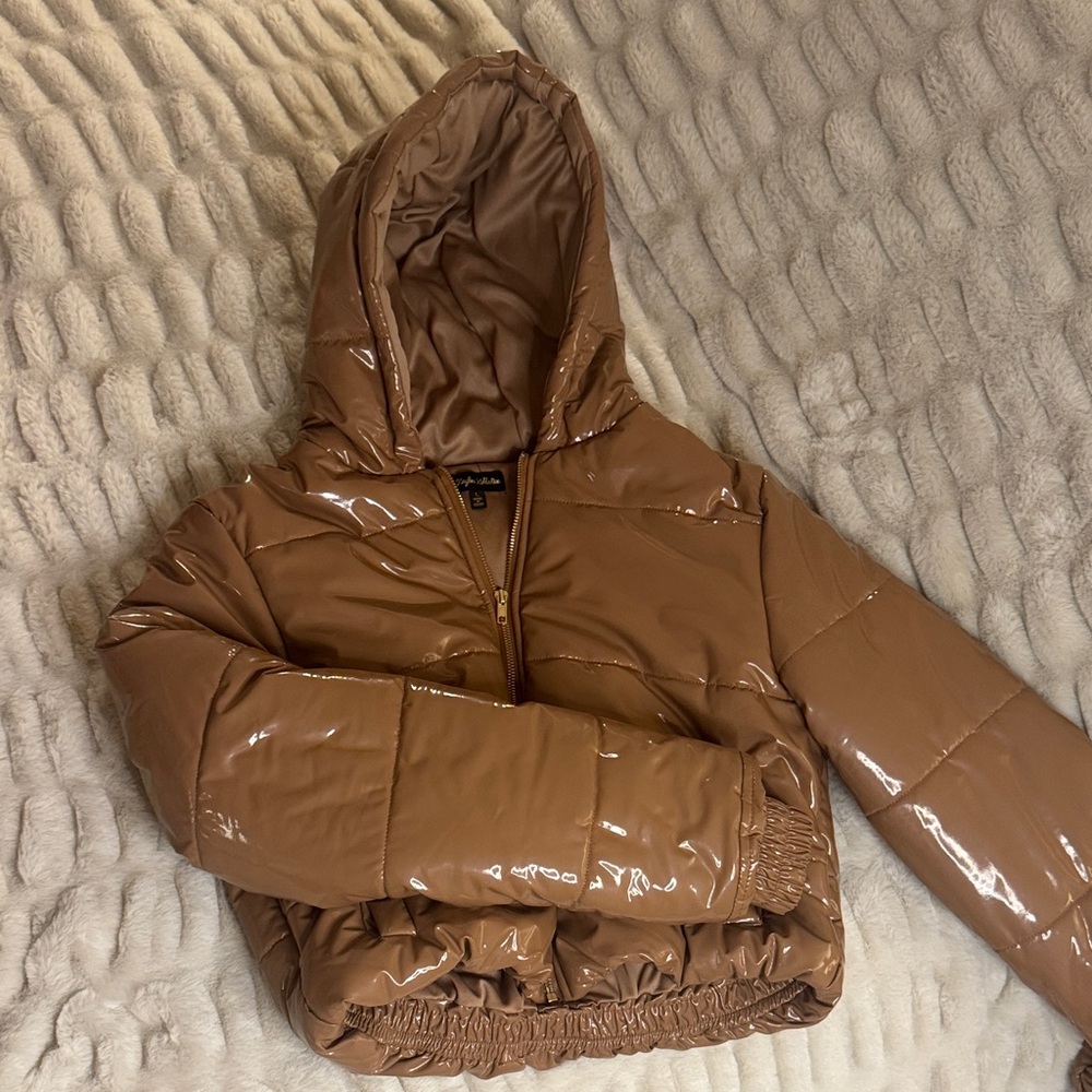 Glossy Tan Puffer Jacket for Women